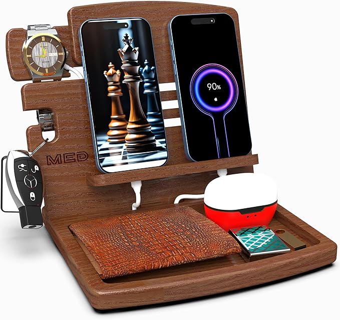 MED Wood Phone Docking Station – Nightstand Desk Organizer for Phone, Watch, Wallet & Tablet – Gift for Men, Husband, Dad & Women – Wooden Charging Stand with Key Holder (Dark Walnut, Model 1)