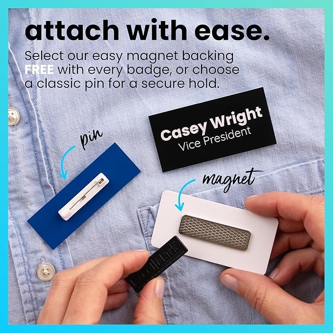ExcelMark Custom Name Tag - Engraved Name Badge with Pin or Magnetic Backing, 16 Colors, 6 Fonts, and 2 Sizes to Choose from (Gold w/Black Letters, 1.5"x 3")