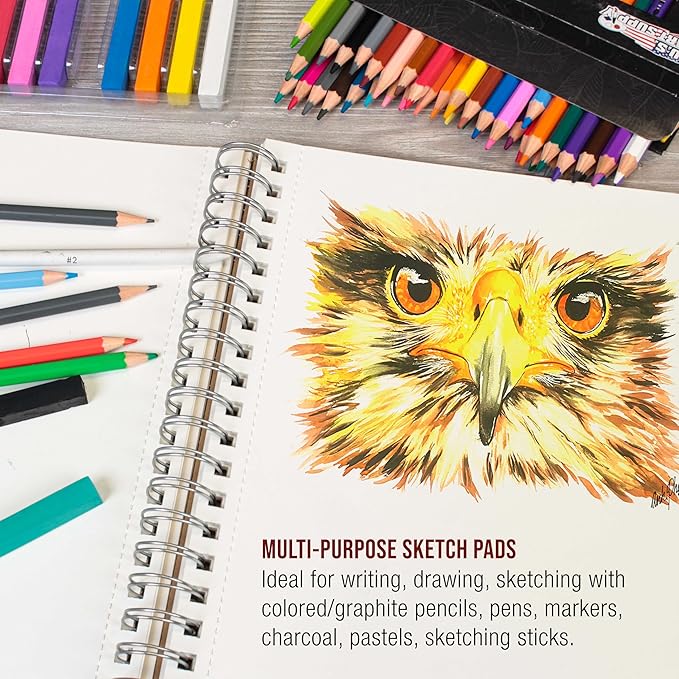U.S. Art Supply 8"x10" Sketch Book Pad, 2 Pack (100 Sheets Each), 60lb (100gsm) Spiral Bound - Sketching, Drawing Pad, Acid-Free Paper - Sketch Pads for Adults, Students: Colored Pencils, Charcoal