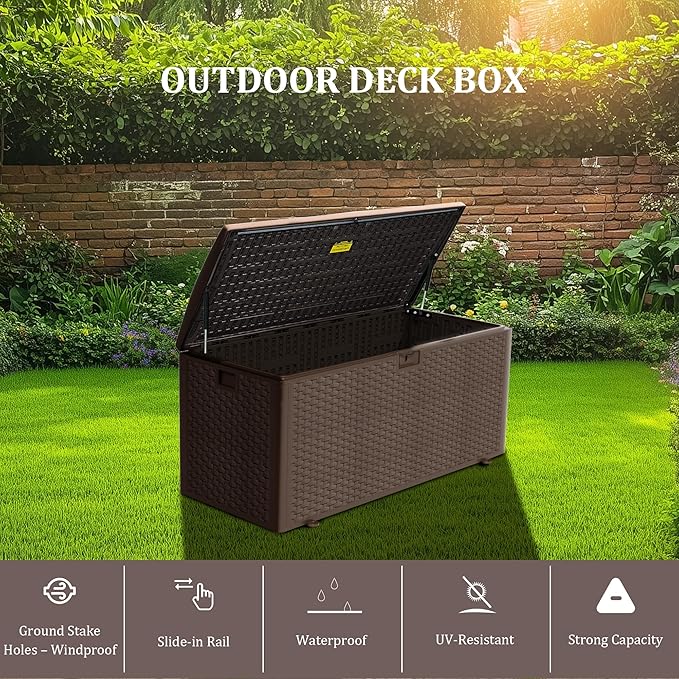 PATIOEASY 180GAL Deck Box -Grey,Wheeled Footlocker,Waterproof Resin Storage Bin for Patio Cushions