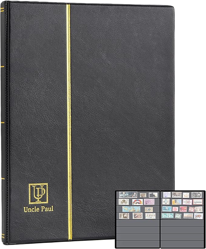 Stamp Albums 160 Pockets - Stockbooks with 30x197mm Sleeves, 10 Double Sided Black Page with Leatherette Padded Black Cover, Collection Storage Folder for Paper Money Postage Stamps AS0108BK