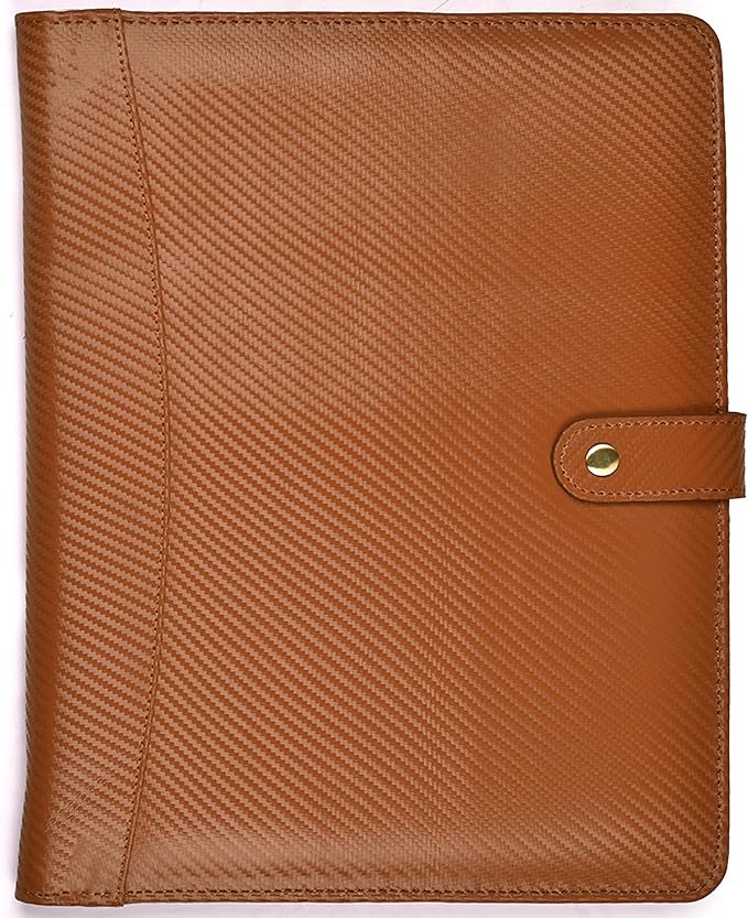 LEATHER VILLAGE Portfolio Professional Organizer – Carbon Fiber Genuine Leather Padfolio Resume Folder for A4 Letter Pad with Pen Holder, Business Card Slots & Writing Pad – Ideal for Men & Women-Tan