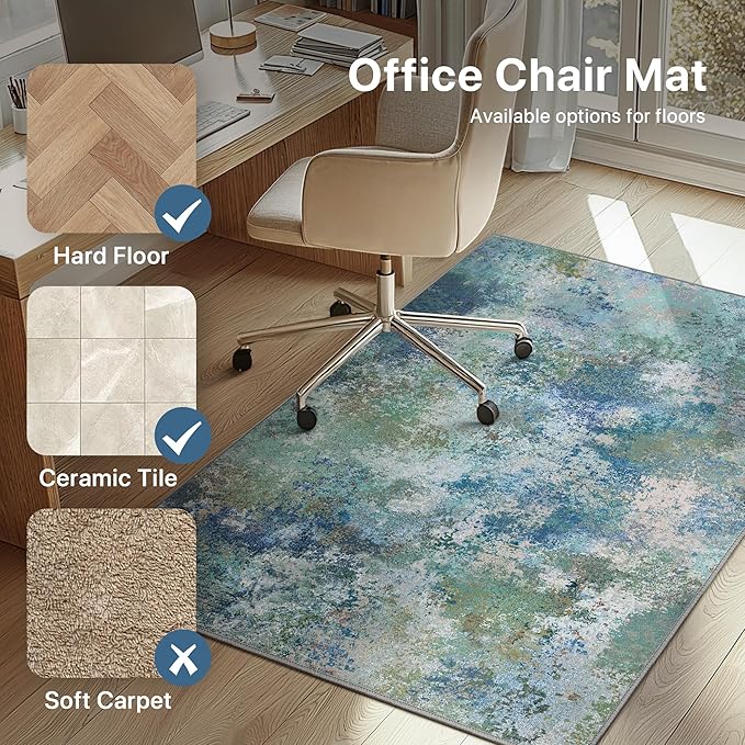 Office Chair Mat for Hardwood Tile Floor, Abstract 36"X 48" Desk Mats for Office Chair on Rolling Chairs Carpet, Desk Anti-Slip 1/5" Thick Rug for Computer Chair, Thin Low-Pile Floor Mat, Blue Green