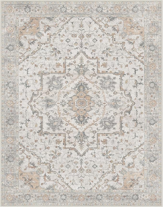 GENIMO 8x10 Area Rugs for Living Room, Machine Washable Non Slip Vintage Rugs, Low Pile Lightweight Chenille Print Rug for Bedroom, Dining Room, Home Office