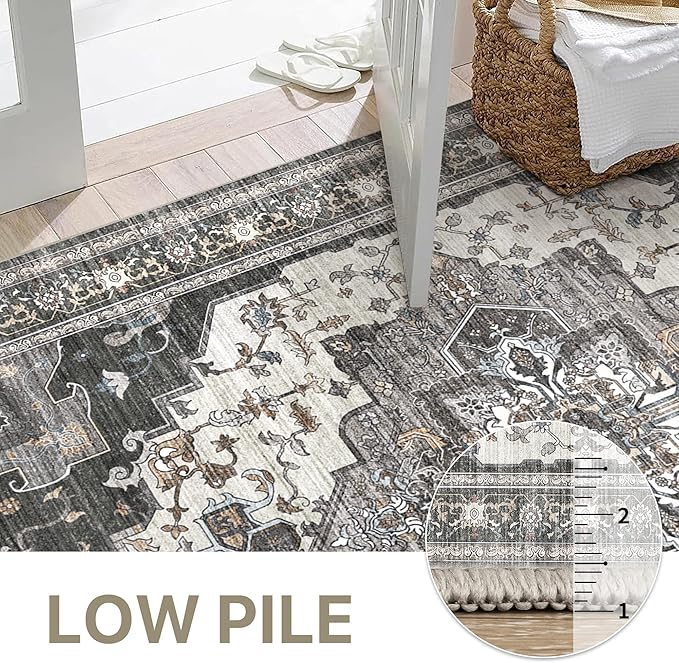 GENIMO 2X12 Hallway Runner Rug, Machine Washable Non Slip Vintage Floral Patchwork Runners, Thin Low Pile Chenille Carpet Runners for Entryway, Kitchen, Bathroom, Bedroom, Slate Gray