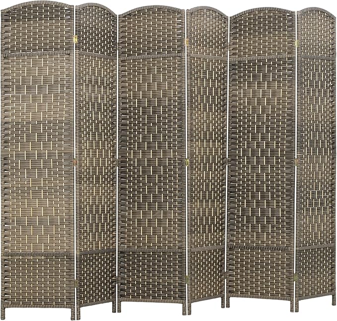 HOMCOM 6 Panel Room Divider, 6' Tall Folding Privacy Screen, Hand-Woven Freestanding Wall Partition for Home Office, Bedroom, Dark Rustic Oak