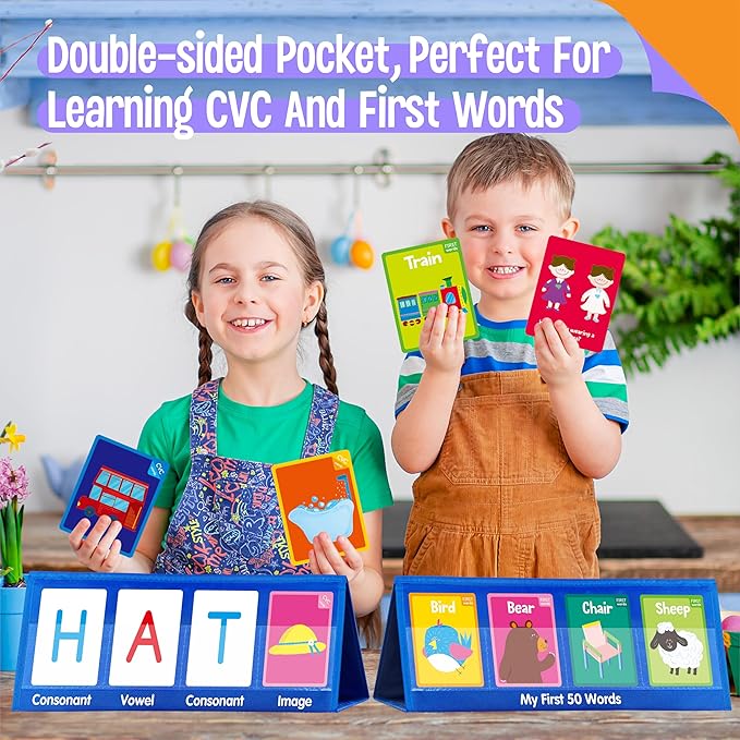 Word Building Desktop Pocket Chart, 48 CVC Words & 50 First Words, Double-Sided Tent Word Builder, Vocabulary Learning Flashcards Set for Kindergarten Reading and Spelling