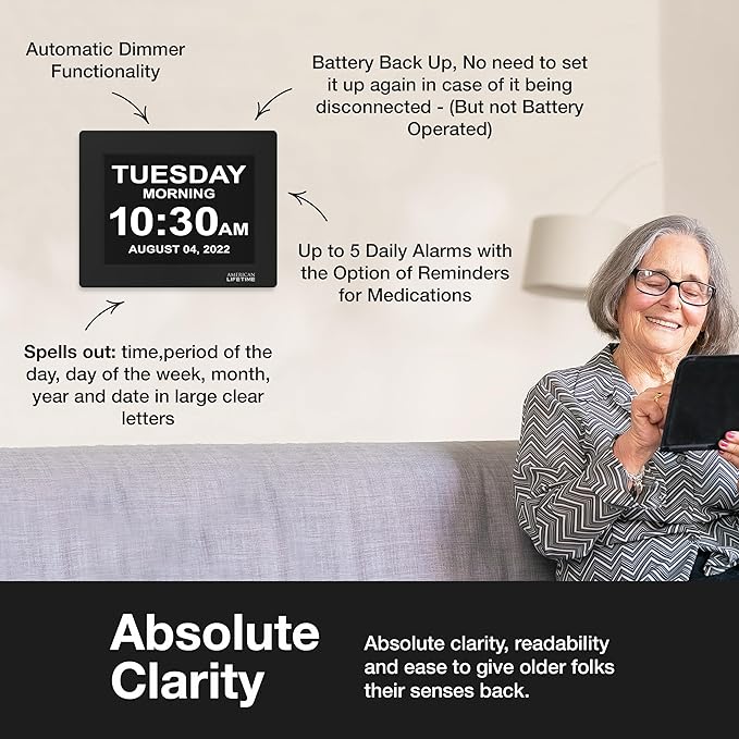 American Lifetime New 2026 Dementia Clock Large Digital Clock for Seniors, Large Display with Custom Alarms, Calendar Clock with Day & Date for Elderly, Clear Numbers Alzheimer Digital Clock Black
