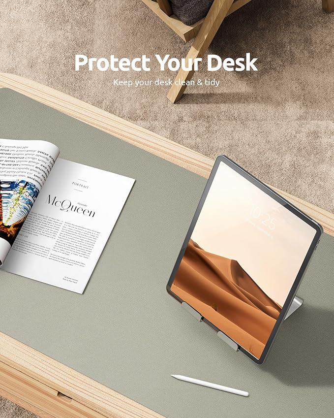 YSAGi Leather Desk Pad Protector, Office Desk Mat, Large Mouse Pad, Non-Slip PU Leather Desk Blotter, Laptop Desk Pad, Waterproof Desk Writing Pad for Office and Home (Olive Beige, 31.5" x 15.8")