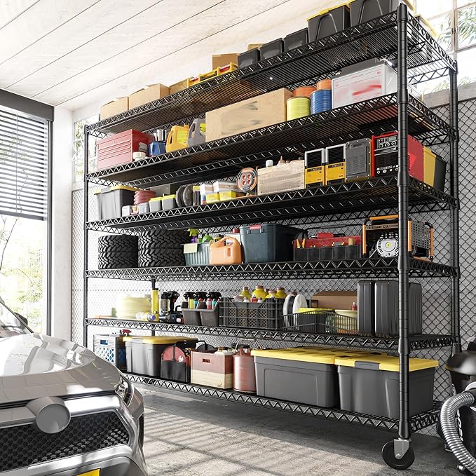 REIBII 82.6" H*60''W*17.7" D Steel Heavy Duty Wire Shelving with Wheels, 6-Tier Adjustable Storage Shelves 3598LBS Commercial Metal Shelves for Pantry, Garage, College Dorm School Industrial Shelving