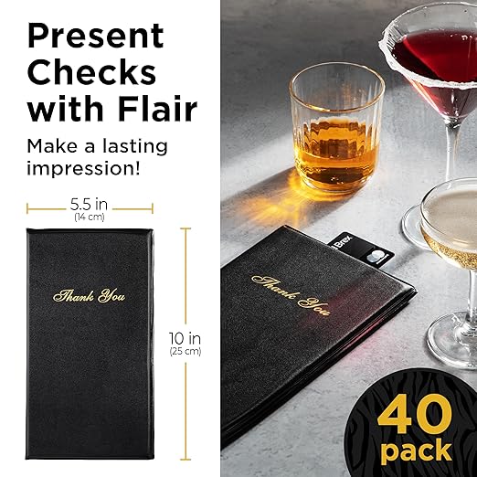 Restaurant Check Presenters - Guest Check Card Holder with Gold Thank You Imprint - 5.5" x 10" (Black, 2 Pack)