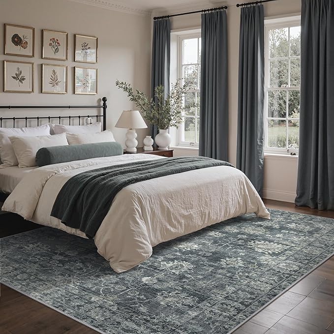 GENIMO 8x10 Area Rugs for Living Room, Machine Washable Non Slip Vintage Rugs, Low Pile Lightweight Chenille Print Rug for Bedroom, Dining Room, Home Office, Ashen Taupe