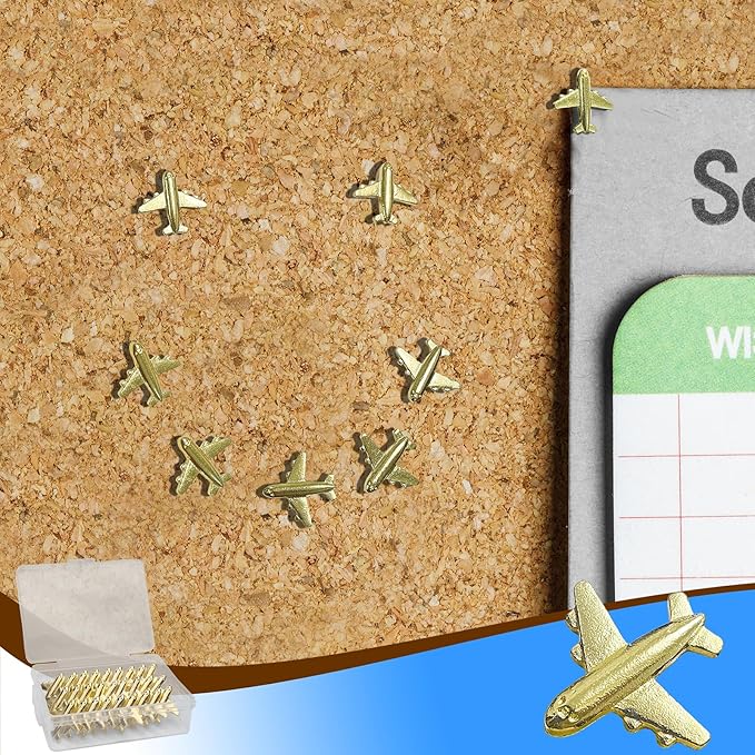 Gold-Tone Airplane Push Pins 30 Pack - Metal Thumb Tacks for Cork Bulletin Board,Photos Wall,Maps,Office and Home Decoration