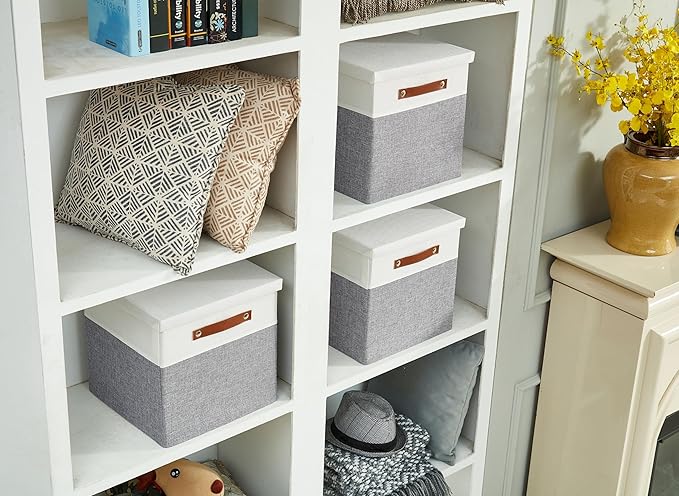 DECOMOMO Storage Basket with Lid, Storage Cubes with Handles, Fabric Box with Lid (Grey and White, 11” / 3 Pack)