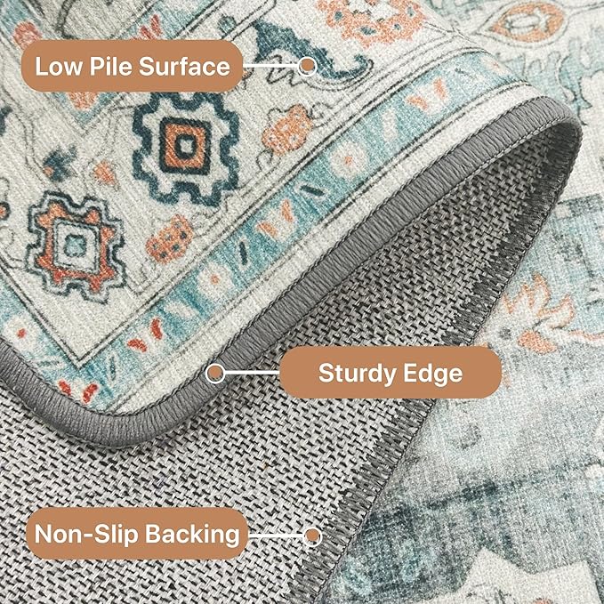 GENIMO 9x12 Area Rugs for Living Room, Machine Washable Non Slip Rugs, Low Pile Lightweight Vintage Print Rug for Bedroom, Dining Room, Home Office, Cyan/White