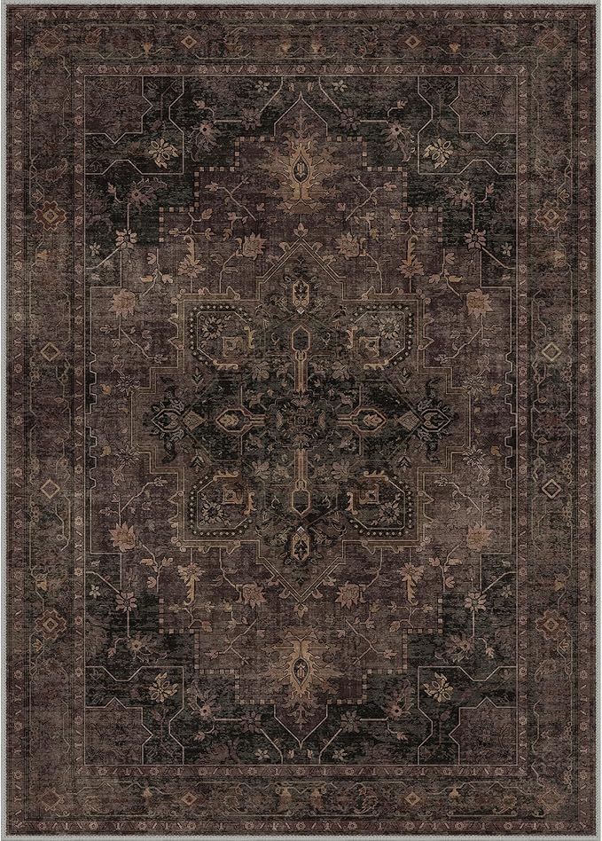 GENIMO 5x7 Area Rugs for Living Room, Machine Washable Rug, Non Slip Indoor Vintage Rug, Low Pile Lightweight Chenille Print Carpet for Bedroom Dining Room Home Office, Charcoal Brown