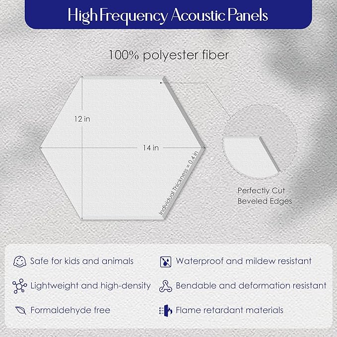 Reverbeon Hexagon Acoustic Panels Pack of 12 - Soundproofing Wall Panels with Nano Double-Sided Tape, White Polyester Sound Absorbing & Noise Reducing Panels 14x12x0.4In for Studio Home Office Walls