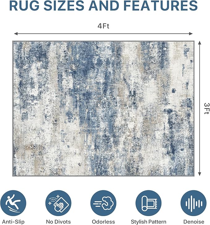 Office Chair Mat for Hardwood Tile Floor, Abstract 36"X 48" Desk Mats for Office Chair on Rolling Chairs Carpet, Desk Anti-Slip 1/5" Thick Rug for Computer Chair, Thin Low-Pile Floor Mat, Navy Beige