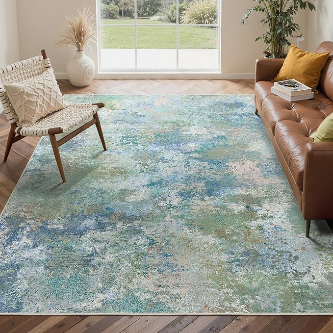 GENIMO Washable Rugs 8x10 Area Rugs for Living Room Bedroom, Modern Lightweight Rug Ultra Soft Indoor Area Rugs 8x10 for Dining Room, Low Pile Carpet with Non Slip Backing, Blue Green
