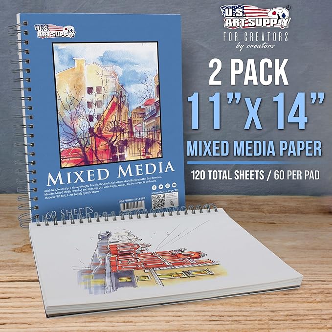 U.S. Art Supply 11"x14" Mixed Media Sketchbook, 2 Pack (60 Sheets), 98 lb (160 GSM) - Spiral-Bound Pad with Perforated Acid-Free Paper - Artist Sketch Book for Drawing, Painting, Watercolor