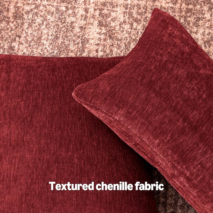 Amazon Basics Chenille Throw Pillow Covers, Home Decor Cushion Cover for Bedroom Living Room Couch Bed, 18" W × 18" L, Burgundy