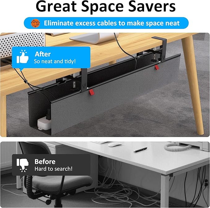 Cotohim Under Desk Cable Management Tray - Under Desk Cord Management - Clamp/Screw Mount - Fabric Wire Management - Cable Raceways Tray Cord Hiders for Office/Home (Black, 35.8"×5.6")