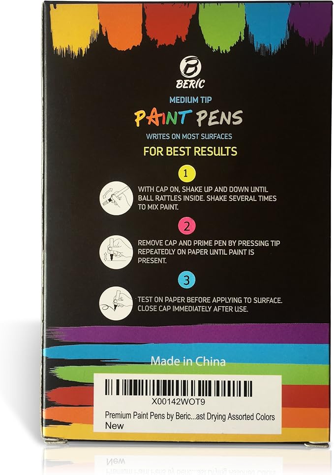 Premium Paint Pens by Beric 12 pack, Oil-based Paint Marker, Medium Point, Writes on Almost Anything, Water and Sun Resistant Vibrant Colors Low Odor Long Lasting Fast Drying Assorted Colors