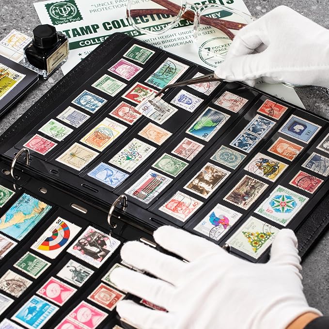 10 Sheets 20 Pages Postage Stamp Album Pages, 7 Pockets 7.7X 1.35in Stamp Collection Inserts, 9 Hole Standard Stamp Collecting Album Sleeves for Stamp Collection Binder IS010710