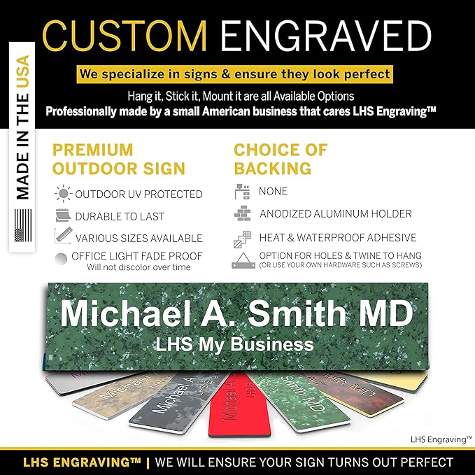 Personalized Name Plate with Choice of Mounting Holders for Walls, Doors, Cubicles, Hanging and More - Custom Verde Green Marble Plastic White Letters - USA Made 2x12 - S4