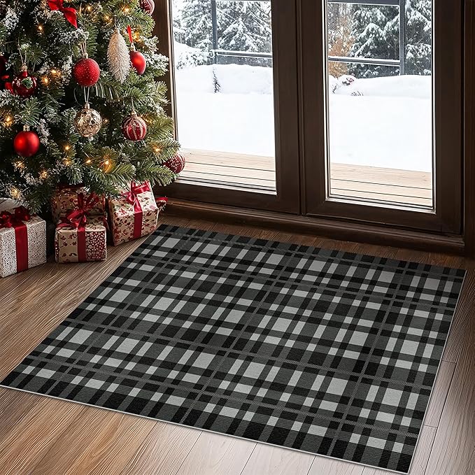 GENIMO Checkered Rug 3x5 Ft Black and White Fine Plaid Outdoor Rug Buffalo Plaid Rugs Mat Fall Doormats Washable Rug for Front Porch Decor Indoor Entrance Patio Balcony Entryway