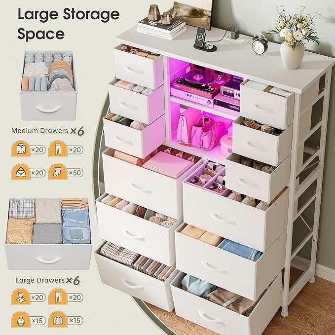 EnHomee Dresser for Bedroom with Drawers, Charging Station & LED Light, Large White Dresser for Hallway, Living Room, Entryway, Wooden Top, Metal Frame, 50.6" H x 37.8" W x 11.8" D