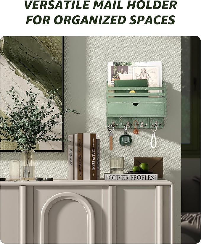 Rebee Vision Pine Wood Mail and Key Organizer for Wall – Farmhouse Mail Organizer Wall Mounted with 7 Sturdy Hooks & Drawer Storage – Apartment Essentials for Stylish Home Decor (Green)