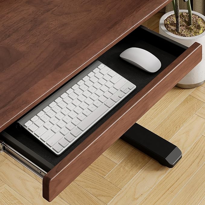 ONBRILL Standing Desk with Drawer, 47x23.6 Inches Solid Wood Desktop Stand Up Desk with Whole-Piece Board and Storage Shelf, Adjustable Height from 28-46 Inches for Home & Office, Black Walnut