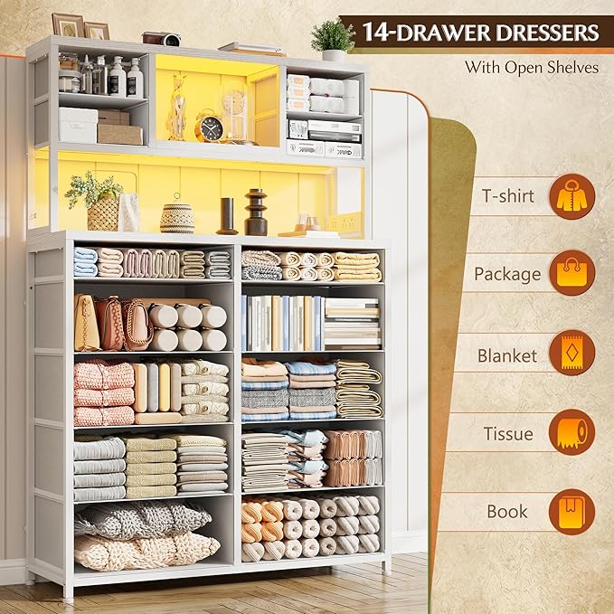EnHomee 62.8" H Dresser for Bedroom with Multiple Fabric Drawers,White Dresser with Charging Station and LED Lights,Dressers & Chests of Drawers for Bedroom, Steel Frame & Wooden Top, Entryway