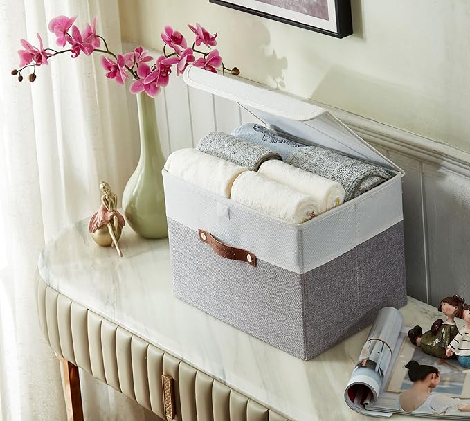 DECOMOMO Fabric Storage Bins with Lid, Storage Baskets for Shelves (Grey and White, 3 Pack)
