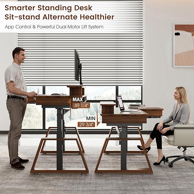 EUREKA ERGONOMIC Electric Standing Desk with Dual Drawers,63 Inches Height Adjustable L-Shaped Office Desk,Sit Stand desk Ergonomic Executive Desk Computer Workstations with Monitor Stand,Right/Walnut