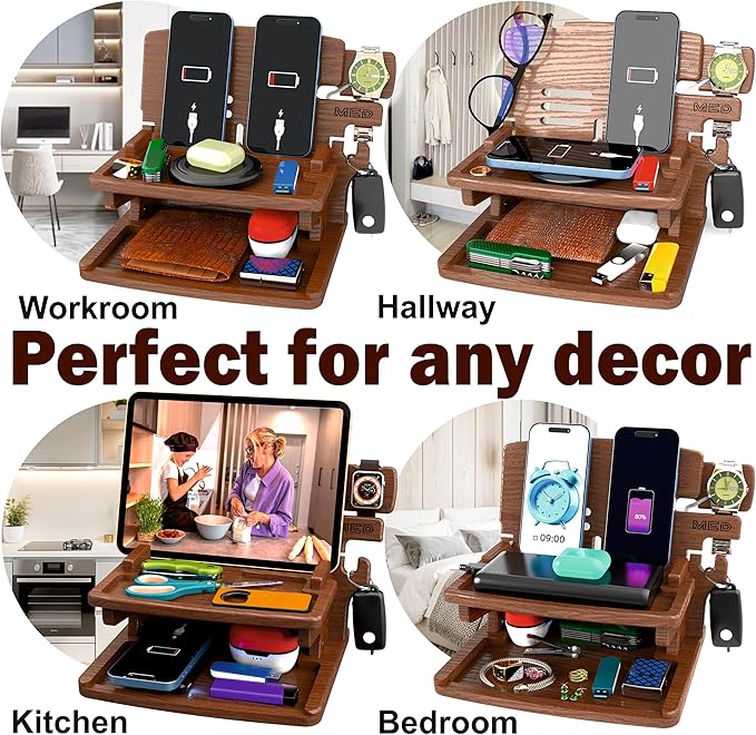 MED Wood Phone Docking Station – Nightstand Desk Organizer for Phone, Watch, Wallet & Tablet – Gift for Men, Husband, Dad & Women – Wooden Charging Stand, (Dark Walnut, Model 2)