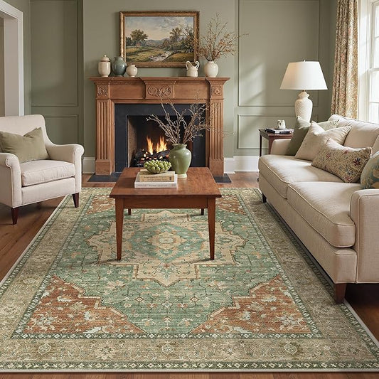 GENIMO 8x10 Area Rugs for Living Room, Machine Washable Non Slip Vintage Rugs, Low Pile Lightweight Chenille Print Rug for Bedroom, Dining Room, Home Office