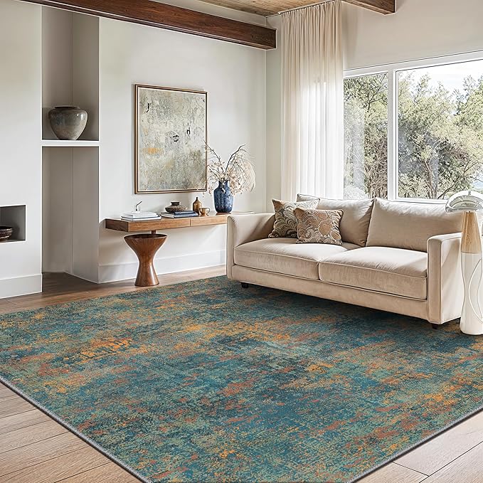 GENIMO Washable Area Rugs for Living Room, 10x14 Vintage Non Slip Rugs, Low Pile Lightweight Soft Print Rug for Bedroom, Dining Room, Home Office, Dark Blue Green