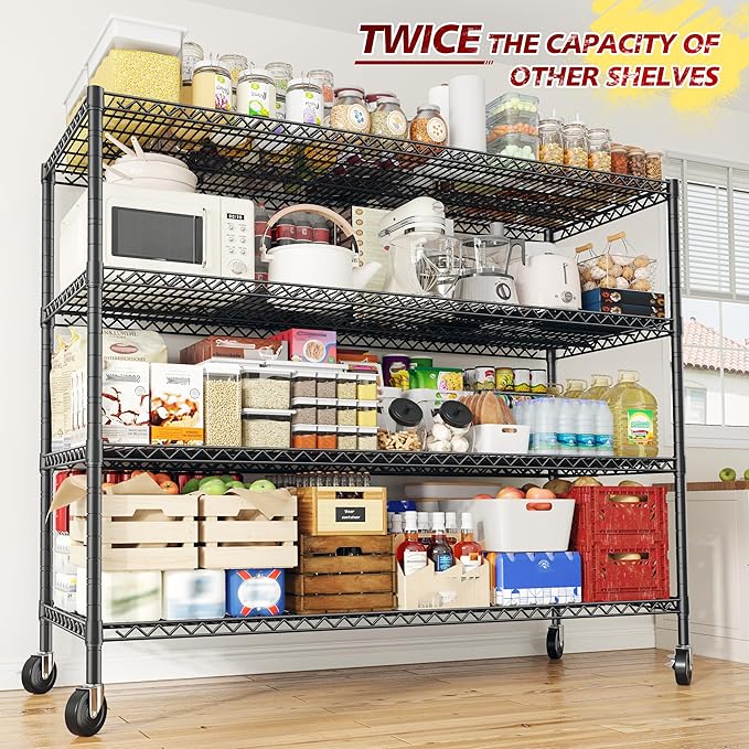 REIBII 75.6" H Storage Shelves Metal Shelving Unit with Wheels 55''W Garage Shelving Heavy Duty Wire Shelves for Storage Rack Adjustable Pantry Shelf Commercial Industrial Shelving,55.5''W X 24" D