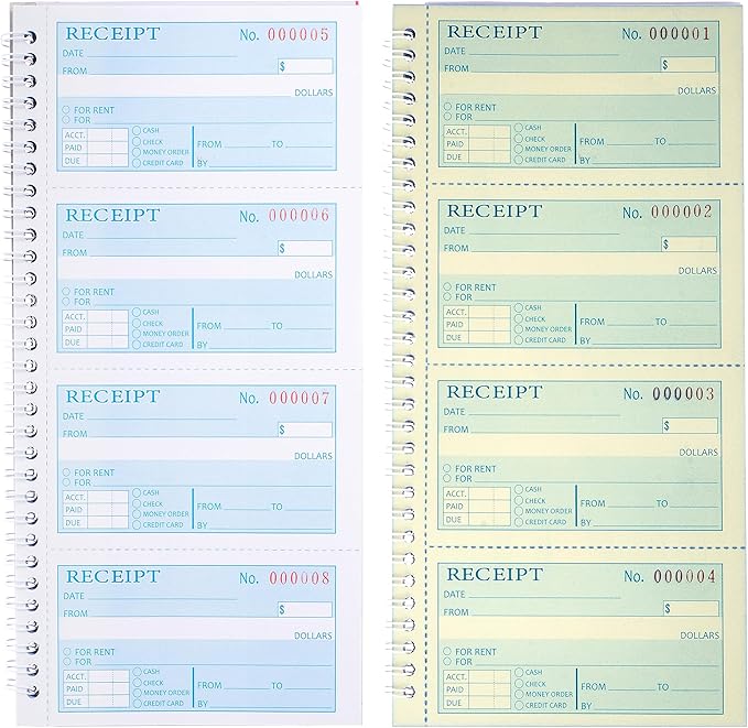 2 Packs Receipt Book with Carbon Copies,Money and Rent Receipt Book,2-Part Carbonless,5.31" x 11.22",Spiral Bound,Yellow and Blue Copy,200 Sets per Book