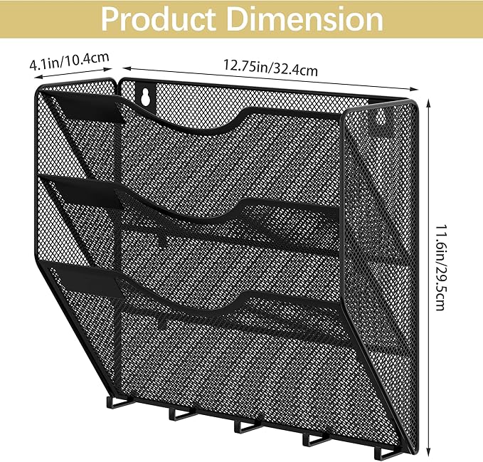 EasyPAG 3 Pocket Mesh Wall File Organizer with Key Hooks, Hanging Paper Folder Holder with Classify Label, Vertical Wall Mount Mail Organizer for Office Home Classroom, Black
