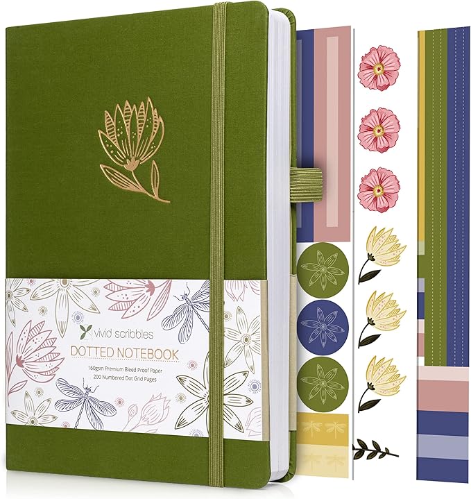 VIVID SCRIBBLES Bullet Dotted Journal – 160gsm No Bleed Thick White Paper – 200 Numbered Dot Grid Pages – a5 Dotted Notebook Includes a Gift Box and Journal Stickers