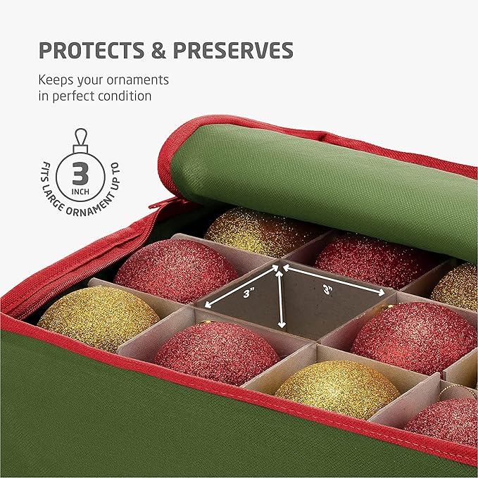 ZOBER Underbed Christmas Ornament Storage Box - Stores 64 3" Ornaments, With Dividers - Tear Proof 600D Oxford Fabric, Ornament Organizer Storage Box, Durable Christmas Containers Holder - Green