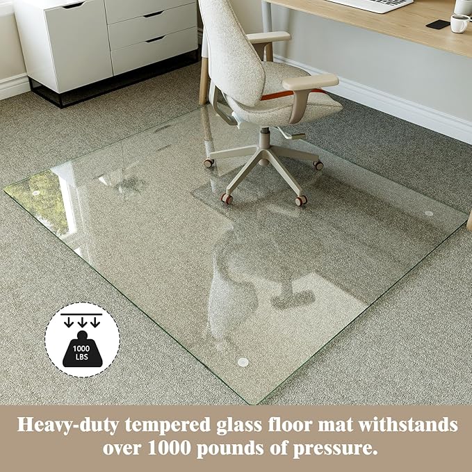 Koonmi Tempered Glass Chair Mat for Hardwood Floors & Carpets, 46" x 55“ Transparent Heavy Duty Office Floor Protector with Noise-Free Gliding Shatterproof for Home Office Desk