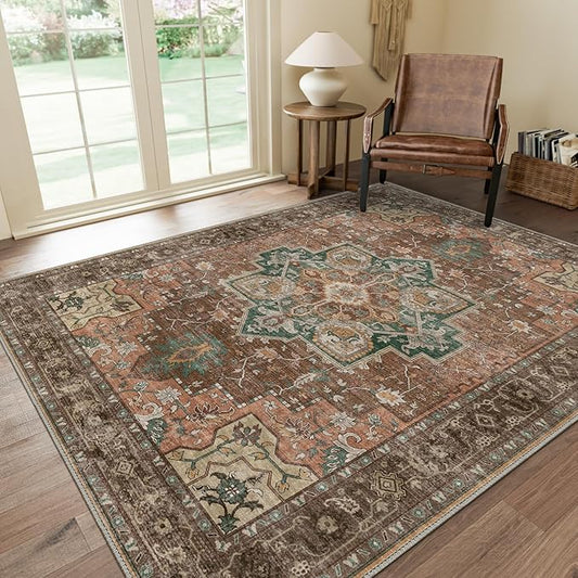 GENIMO 8x10 Area Rugs for Living Room, Machine Washable Non Slip Vintage Rugs, Low Pile Lightweight Chenille Print Rug for Bedroom, Dining Room, Home Office, Rosewood