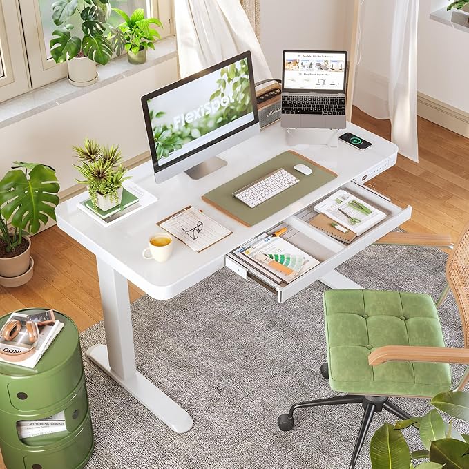 FLEXISPOT Comhar Electric Pure Glass Standing Desk with Drawer Desktop & USB Charge Ports, 48" Ergonomic Height Adjustable Sit to Stand Desk for Home Office (White, Glass)