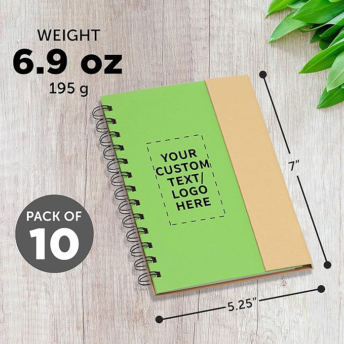 DISCOUNT PROMOS Custom Eco Friendly Spiral Notebooks with Pens Set of 10, Personalized Bulk Pack - Perfect for School, Office, Home - Green