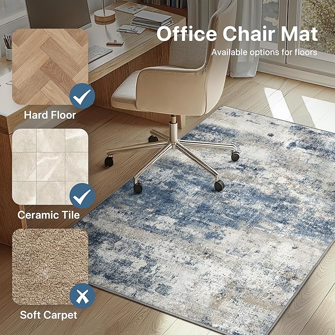 Office Chair Mat for Hardwood Tile Floor, Abstract 48"X 60" Desk Mats for Office Chair on Rolling Chairs Carpet, Desk Anti-Slip 1/5" Thick Rug for Computer Chair, Thin Low-Pile Floor Mat, Navy Beige