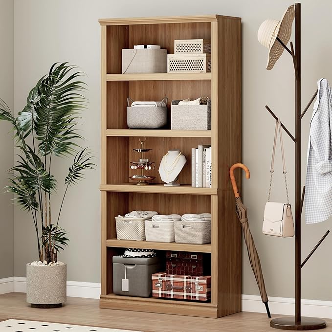 Bevfint 70 in Tall Bookcase, White Bookshelf Open Storage 5-Tier Shelves, 33 inch Wide Floor Standing Indoor Furniture, Book Cases for Home School Library Office Bedroom Kids, Oak 5 Tiers